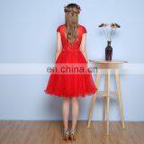 Elegant High Neck Sweet Red Capped A Line Knee-lemgth Tulle Backless Sequins Appliqued Evening Dress thumbnail-5