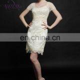 Stock Light Beige Short Sleeve v Neck Short Lace Dress for Online Shopping thumbnail-5