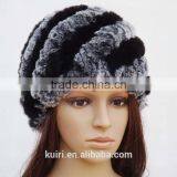 Rex Rabbit Fur Hats Fur Striped Knitted Cap for Women Genuine Rabbit Fur Hat Cap Winter Warms Hats thumbnail-5