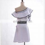 New Arrived One Shoulder off Cute Dress White Cotton Butterfly Sleeve Fit and Flare Mini Solid Dress thumbnail-4