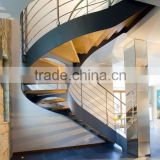carbon steel stringer wooden curved stairs with metal railing and black stringer