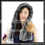 CX-C-242G Women Fashion Knitted Fur Hooded Scarf Rex Rabbit Fur Hat thumbnail-1