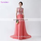 Cap Sleeve Beaded Evening Dresses With Short Sleeves Top Illusion See Through Coral Evening Dresses Formal Evening Gown Women