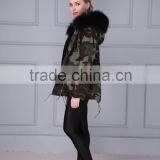 Short Pattern Camouflage Shell Black Fake Fur Lining Collar Winter Parka for Lady thumbnail-2