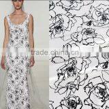 Printed Black White Floral Spandex Silk Fabric thumbnail-1