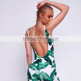 Scoop Neck Sleeveless Palm Leaf Print One Piece Women Tight Latex Catsuit thumbnail-6