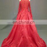 Real Photo High Neckline Satin Appliques Beaded Red Muslim Evening Dress Long Sleeve thumbnail-2