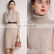 Women Cable Knit Cashmere Merino Wool Turtle Neck Long Sweater Dress thumbnail-4