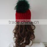 Top Grass Green Raccoon Fur Pompom Beanie Knit Rib Red Hat Huge Fur Ball Knitted Wool Acrylic Cap thumbnail-3