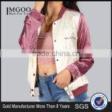 Custom Logo Women Button Coat Satin Letter Print Bomber Jacket Mauve Ribbing Trim Baseball Outwear thumbnail-1