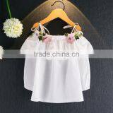 Children's 2017 Girls Flower Embroidery Long Sleeve White Shirt Lace Collar Little Girl Strapless Shirt Tank Top thumbnail-2