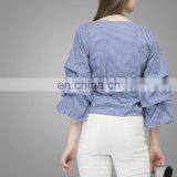 2017 Fashion Design Puff Sleeve Wrapped Top Deeper V Neck Ruched Sleeve Wrap Blouses In Blue thumbnail-3