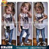 Hot Sale 2016 European Modeling Summer Girl Cloth Set Sleeveless Cat Printed Shirt + Denim Jeans 2pcs Cloth Set thumbnail-1
