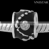 Vnisatr silver plated black enamel colum beads with clear crystals for european bracelet wholesale PBD2756