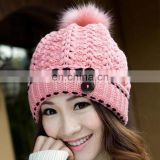 Double buckle ladies beanies cute rabbit fur pompom knitted hats