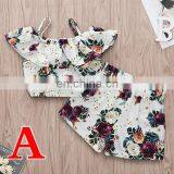 2019 Summer Kids Outfit Cotton Girls off Shoulder Tops Floral Print Tshirt & Girls Flower Shorts 2pc Set thumbnail-1