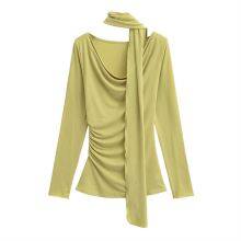 Pure Desire Style Loose Collar Hanging Neck Streamer Long-sleeved T-shirt Spring Design Pleated Slim Body Hot Girl Bottom Shirt Women thumbnail-4