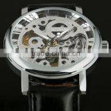 New Men's Black Leather Luxury Skeleton Dial Hand-Wind Up Mechanical Wrist Watch