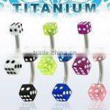 Titanium G23 Banana Belly Ring (14g, 3/8") With Two UV Dice - 4mm + 5mm thumbnail-1