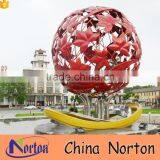 Modern red polish stainless steel sphere sculpture with maple leaf NTS-021A