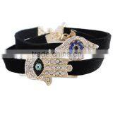 Rhinestone Inlaid Hamsa Hand Evil Eye Charm Suede Leather Bracelet thumbnail-4