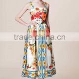 Ladies bright-coloured button-up peony printing princess straps dress with zipper back