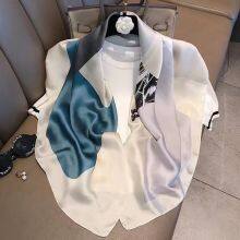 Pink Silk Oil Painting Satin Feels Soft Flowers Scarves Foreign Style High Quality 90*90CM thumbnail-3