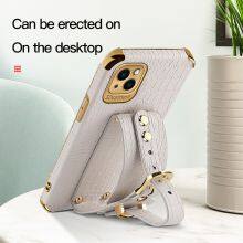 2022 New Wrist Strap Electroplated Crocodile Pattern Four Corner Fall Proof Leather Phone Case For Iphone 8 Plus X Xr 13 14 Pro thumbnail-5