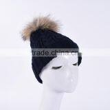 Daily Life Winter Fur Hat Wool Knitted Beanie Hat With Fur Pompoms on Top KZ160075 NAVY thumbnail-3
