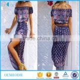 African Kitenge Off Shoulder Printed Two Piece Bohemian Hippie Printed Crop Top and High Side Split Skirt thumbnail-1