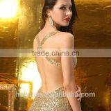 Gold Spaghetti Strap Deep v Neck Side Slit Backlless Prom Dress thumbnail-2
