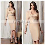 Short Satin Long Sleeve Champagne Color Party Evening Dress thumbnail-1