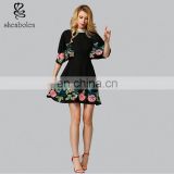 Summer Mexican Embroidery Black Chiffon Cap Sleeve Women Dress Embroidered Desses