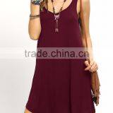 Summer Burgandy Swing Tank Dress Sleeveless 100% Cotton Scoop Neck Casual Plain Short Dress thumbnail-2