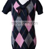 Fashion V Neck Cotton Short Sleeved Girls Argyle Sweater thumbnail-3