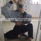 Wholesale Vendor Long Sleeve Crew Neck Plaid Print Loose Casual Fit Crop Top for Women thumbnail-5