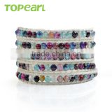 Topearl Jewelry Faceted Round Colorful Agate Fashion Bracelet Woven Leather Wrap Bangle 33.5 Inches CLL139