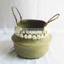 Natural Seagrass Storage Basket - Seagrass Belly Basket With White Tassel Foldable Woven PomPom Basket With Handle thumbnail-2