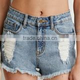 2016 new design women destory light wash jeans shorts ladies strech big holes bleached denim shorts manufacturer