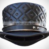 Black Real Leather Top-stitched Top Hat
