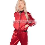 High Quality Custom Silk Flare Red Stripe Panel Satin Bomber Jacket Women Sports Gym Running Active Wear Clothing Set