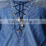 Latest Design off Shoulder Smocking Chambray Woman Tops thumbnail-2