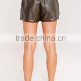 Custom Ladies Khaki Elasticated Waist Faux Leather Shorts thumbnail-5