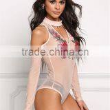 MGOO 2017 New Design Custom Blush Applique Bodysuits White See Through Rose Mesh Cutout Tops Playsuits thumbnail-4