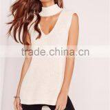 Plain White Women Knitwear With Split Hem Cut Out Front Ladies Sweater Choker Neck Chunky Tunic Cream thumbnail-3