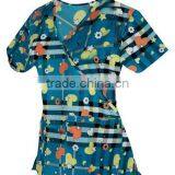 New Design Printed Mock Wrap Scrubs Wholesale of Y-Neck With Two Lower Pockets thumbnail-2