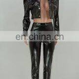 Fashion Sexy Women Casual Outfits Winter Overalls PU Leather Crop Shirt+Split Pant Tracksuit Two Pieces Set thumbnail-1