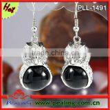 Charm Silver Plated Black onyx Stone Crystal Round Beads Owl Shape Dangle Black Earrings For Women