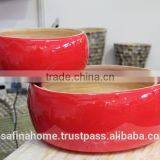 Set of 3 Round Colored Lacquer Bamboo Salad Bowls thumbnail-2
