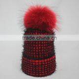 Myfur Red And Black Customized Adult Wool Beanie Hat With Real Fur Bobble thumbnail-3